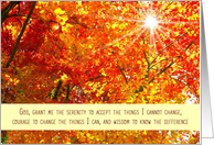 Recovery Encouragement, Serenity Prayer, Fall Trees and Sunlight card
