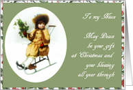 to my niece merry christmas girl on sleigh holly card