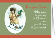 To a great Friend, Merry Christmas, Vintage Girl on Sleigh, Holly card