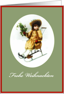 Frohe Weihnachten, Merry Christmas in German, girl on sleigh, holly card