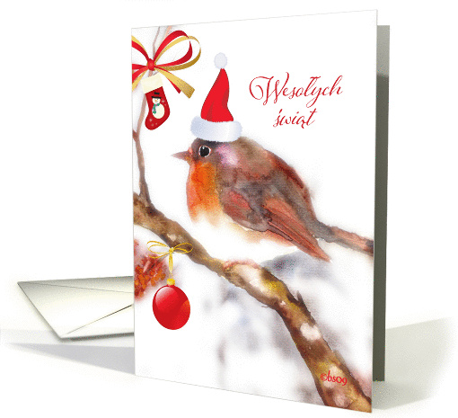 Merry Christmas in Polish, Watercolor, Red Robin card (540069)