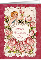 Happy Valentine’s Day, Heart, Cupid and Roses, Vintage card