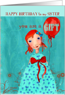 christian happy birthday to my sister cute girl with balloon orange turquoise card