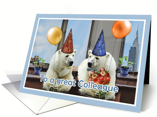happy birthday to a great colleague, polar bears with balloons card