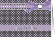 happy birthday, purple polka dots, ribbon & bow effect card