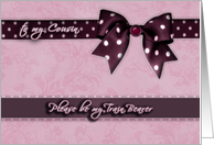 to my cousin, please be my train bearer, purple and pink, bow and ribbon effect card