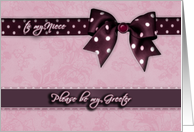 to my niece, please be my greeter, purple and pink, bow and ribbon effect card