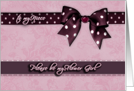 to my niece, please be my flower girl, purple and pink, bow and ribbon effect card