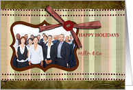 happy holidays business photo card,red,green stripes,ribbon effect card