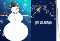 you are invited, christmas charity benefit party, snowman card