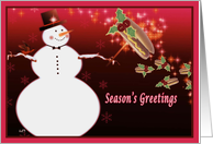 hot dog Christmas, season’s greetings, snowman with hot dogs, red card