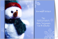 custom personalized christmas card, cute snowman, snowflakes card
