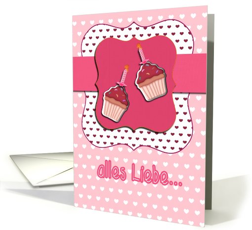 german happy birthday card, cupcake with candle, pink card (728896)