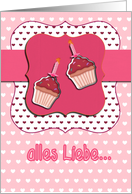 german happy birthday card, cupcake with candle, pink card