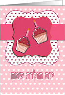happy birthday in Hebrew, Hebrew birthday card, cupcake with candle, pink card