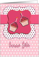 happy birthday in French Canadian, French birthday card, cupcake with candle, pink card