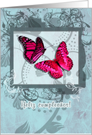 feliz cumpleanos,happy birthday in Spanish, spanish birthday card, pink butterflies and swirls card