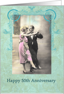 happy 50th wedding anniversary, vintage dancing couple, pink and turquoise card