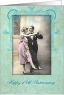 happy 14th wedding anniversary, vintage dancing couple, pink and turquoise card