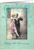 happy 9th wedding anniversary, vintage dancing couple, pink and turquoise card