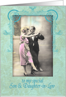 wedding anniversary, son,daughter-in-law, vintage dancing couple, pink, turquoise card