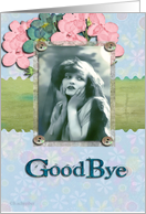 bye bye, farewell, good bye, vintage girl, pink flowers, card