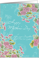 from your daughter and son-in-law,happy mother’s day, pink chrysanthemum flowers, turqoise card