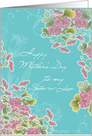 to my sister-in-law, happy mother’s day card, pink chrysanthemum flowers, turqoise card