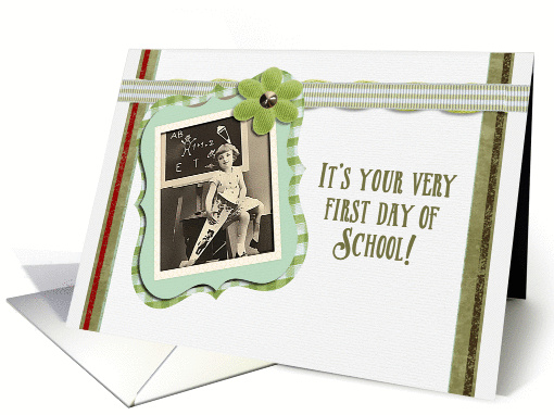 First Day of School, Vintage Girl, Digital ribbon/flower effect card