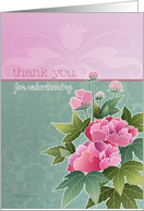 thank you for volunteering, peonies on pink and green background card