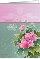 thank you for a wonderful evening, peonies on pink and green background card
