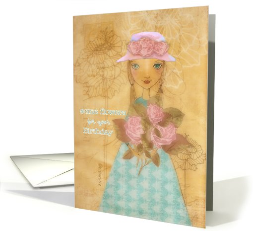 some flowers for your birthday, folkart girl with roses card (812461)