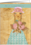 feliz cumpleaos,happy birthday in Spanish, folkart girl with roses card