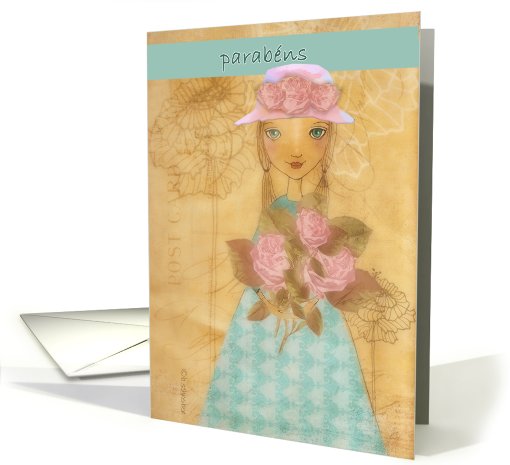 parabns,happy birthday in Portuguese, folkart girl with roses card