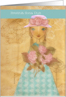 happy birthday in Irish Gaelic, cute folkart girl with roses card