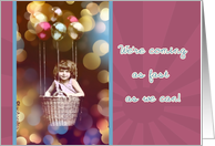 can’t wait to see you, miss you, vintage child in basket with balloons card