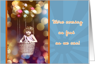 can’t wait to see you, miss you, vintage girl in basket with balloons card