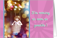 I can’t wait to see you, miss you, vintage girl in basket with balloon card