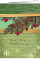 to my Sister & Brother-in-law, christmas card, hearts, fir cone, pine card