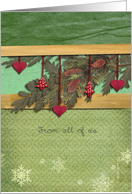 from all of us, christmas card, fir cone, pine, 3-d effect card