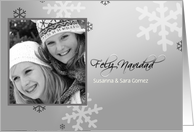 Spanish merry christmas photo card, silver grey snowflakes card