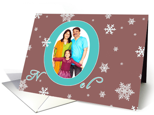 Noel, christmas photo card, turquoise letters, snowflakes, card