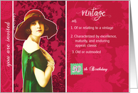 you are invited, 50th birthday party, vintage woman, red, green, black card