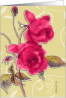 two red roses, watercolor painting, pale green background, card