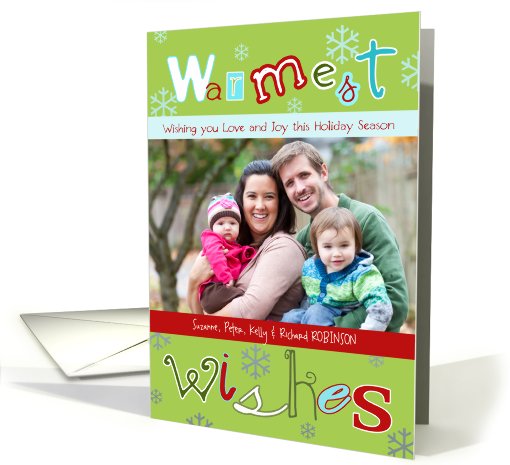 Warmest Wishes, Christmas photo card, snowflakes, letters card