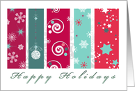 Happy Holidays, green & red bauble, snowflakes & star card