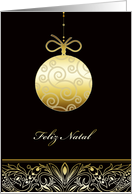 Feliz natal, Merry christmas in Portuguese, gold ornament, black card