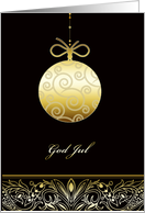 God Jul, Merry christmas in Norwegian, gold ornament, black card