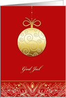 God Jul, Merry christmas in Norwegian, gold ornament, red card