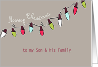 to my Son & Family, Merry Christmas, Christmas lights, red, green card